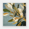 Contemporary floral artwork with creamy white flowers, deep green leaves, and soft blue backgrounds for serene interiors.