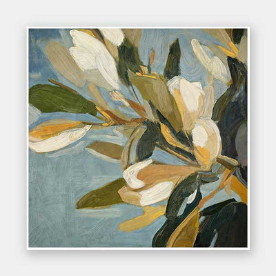 Contemporary floral artwork with creamy white flowers, deep green leaves, and soft blue backgrounds for serene interiors.