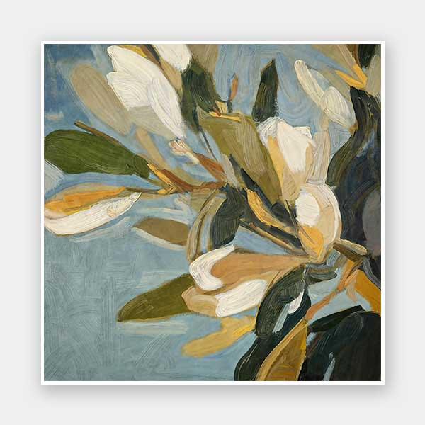 Contemporary floral artwork with creamy white flowers, deep green leaves, and soft blue backgrounds for serene interiors.