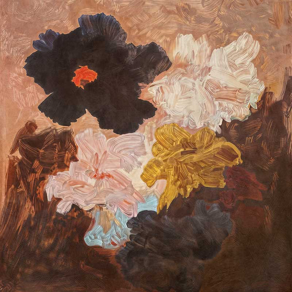 Abstract-style floral art depicting lush blooms in blush, charcoal, and yellow perfect for contemporary decor.