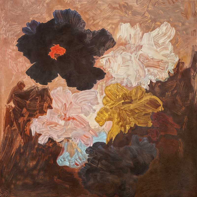 Abstract-style floral art depicting lush blooms in blush, charcoal, and yellow perfect for contemporary decor.