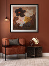 Floral Afterglow flower art print styled with a warm brown wall, neutral furniture and soft rug in a modern living room.