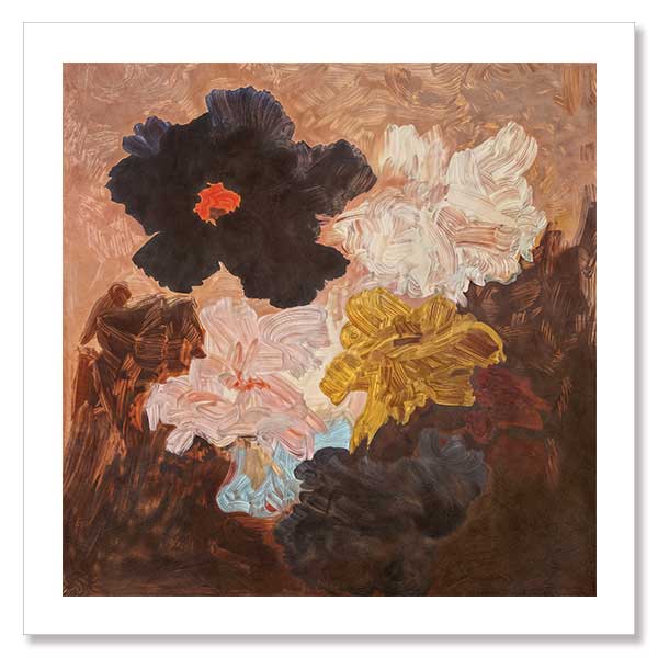 Abstract-style floral art depicting lush blooms in blush, charcoal, and yellow perfect for contemporary decor.