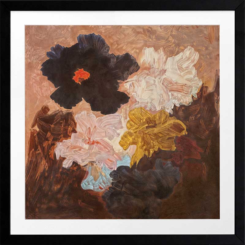 Abstract-style floral art depicting lush blooms in blush, charcoal, and yellow perfect for contemporary decor.