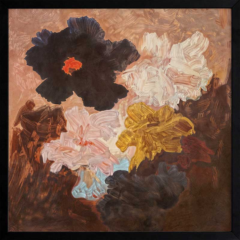 Abstract-style floral art depicting lush blooms in blush, charcoal, and yellow perfect for contemporary decor.