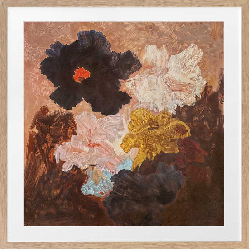 Abstract-style floral art depicting lush blooms in blush, charcoal, and yellow perfect for contemporary decor.