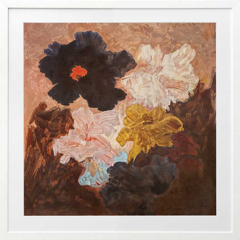 Abstract-style floral art depicting lush blooms in blush, charcoal, and yellow perfect for contemporary decor.