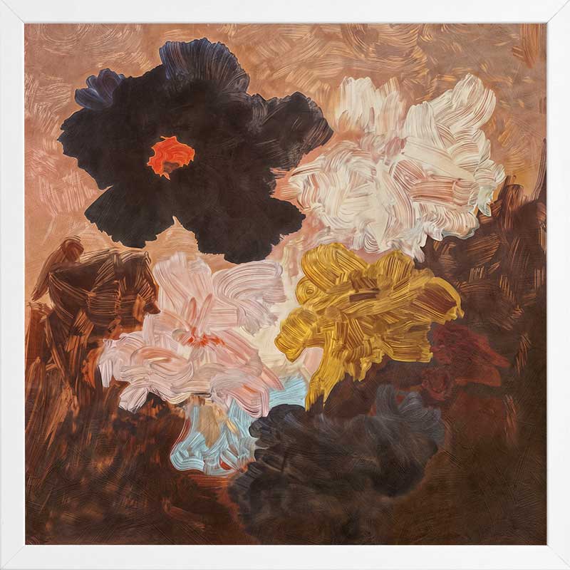 Abstract-style floral art depicting lush blooms in blush, charcoal, and yellow perfect for contemporary decor.