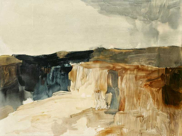 Australian coastal landscape artwork in muted blues, greys, and earthy tones, ideal for minimalist contemporary interiors.