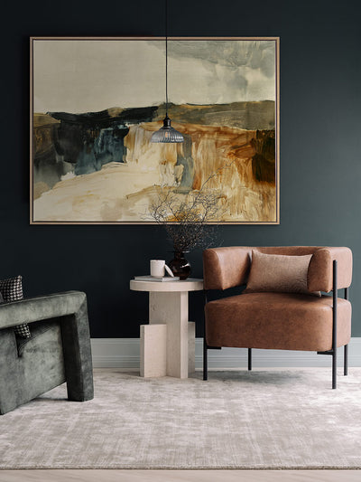 Landscape art of a tranquil lake scene with soft purples, peaches, and reflective waters ideal for contemporary decor.