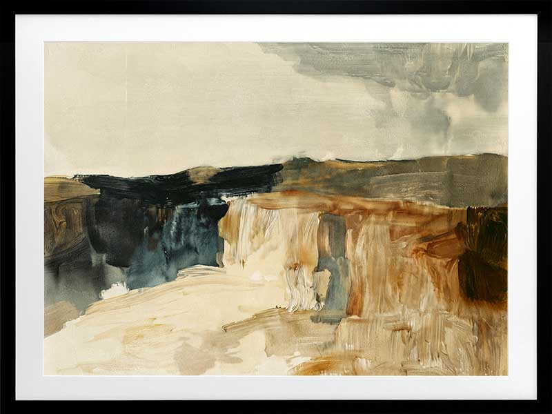 Australian coastal landscape artwork in muted blues, greys, and earthy tones, ideal for minimalist contemporary interiors.