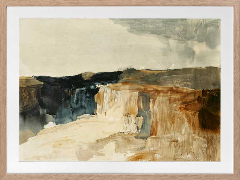 Australian coastal landscape artwork in muted blues, greys, and earthy tones, ideal for minimalist contemporary interiors.