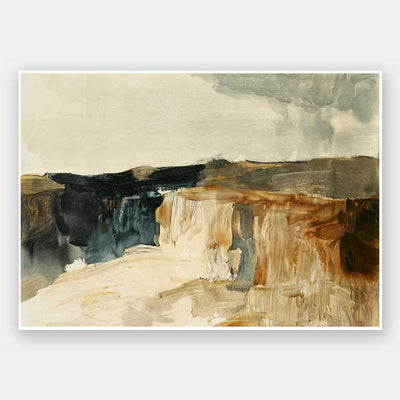 Australian coastal landscape artwork in muted blues, greys, and earthy tones, ideal for minimalist contemporary interiors.