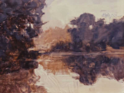 Landscape art of a tranquil lake scene with soft purples, peaches, and reflective waters ideal for contemporary decor.