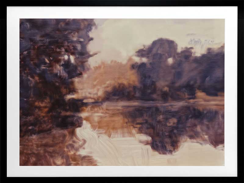 Landscape art of a tranquil lake scene with soft purples, peaches, and reflective waters ideal for contemporary decor.