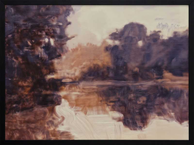 Landscape art of a tranquil lake scene with soft purples, peaches, and reflective waters ideal for contemporary decor.