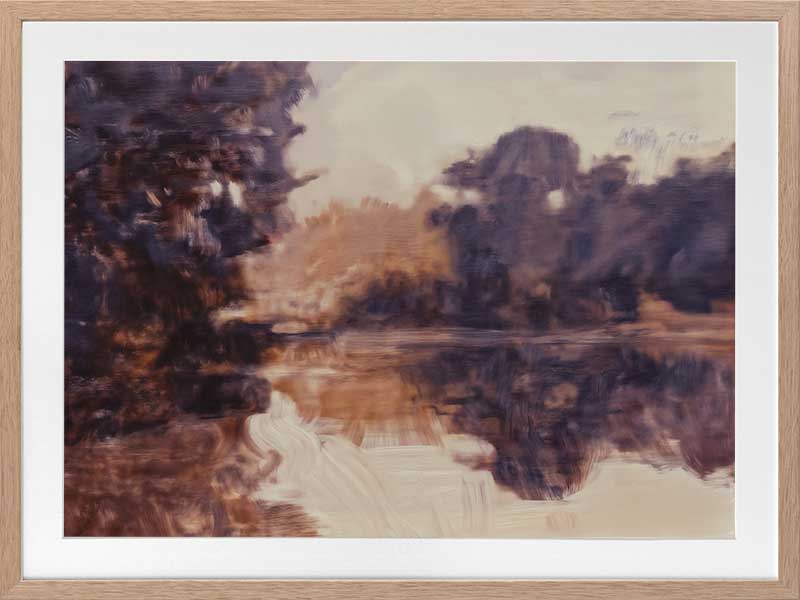 Landscape art of a tranquil lake scene with soft purples, peaches, and reflective waters ideal for contemporary decor.