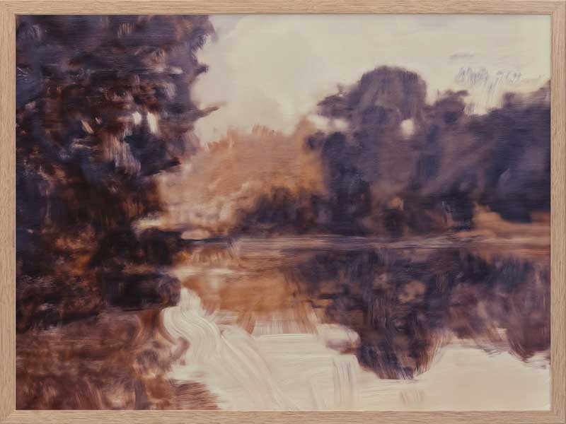Landscape art of a tranquil lake scene with soft purples, peaches, and reflective waters ideal for contemporary decor.