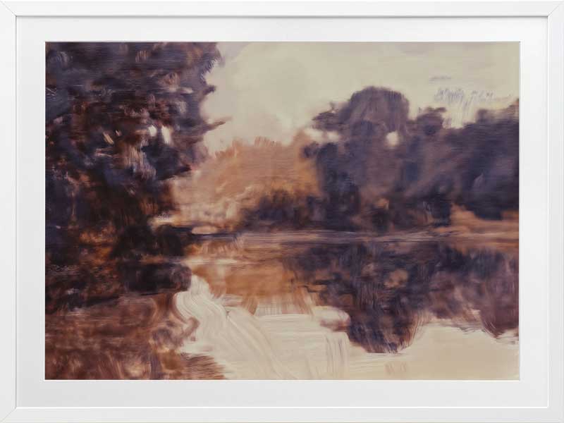 Landscape art of a tranquil lake scene with soft purples, peaches, and reflective waters ideal for contemporary decor.