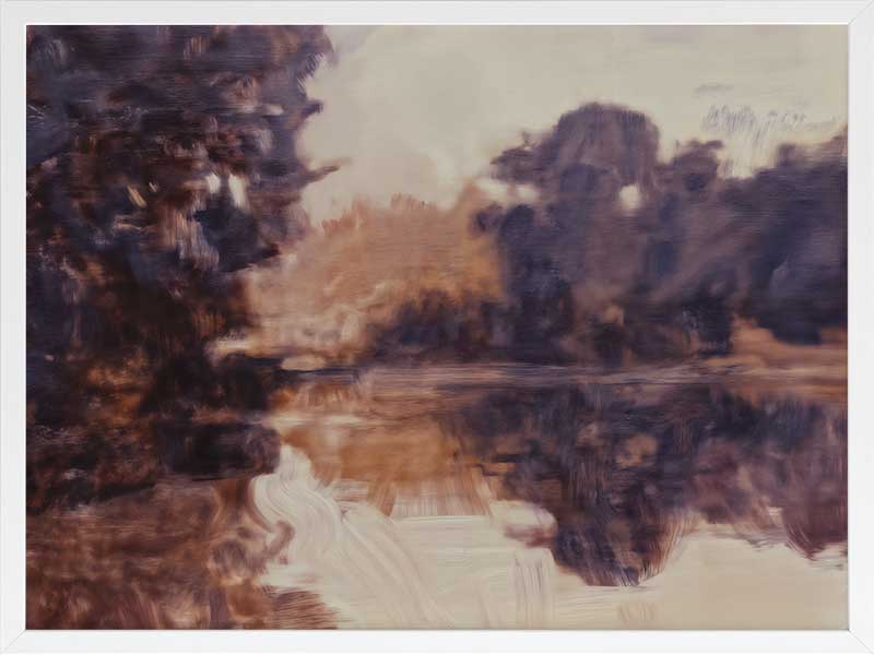 Landscape art of a tranquil lake scene with soft purples, peaches, and reflective waters ideal for contemporary decor.