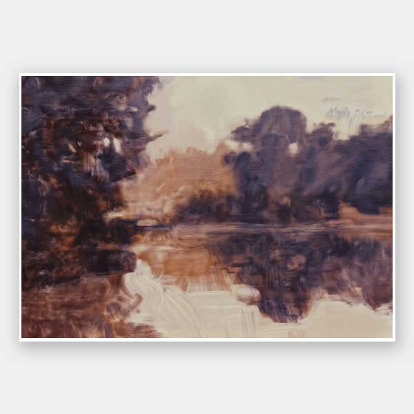 Landscape art of a tranquil lake scene with soft purples, peaches, and reflective waters ideal for contemporary decor.