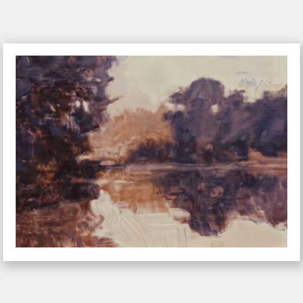 Landscape art of a tranquil lake scene with soft purples, peaches, and reflective waters ideal for contemporary decor.