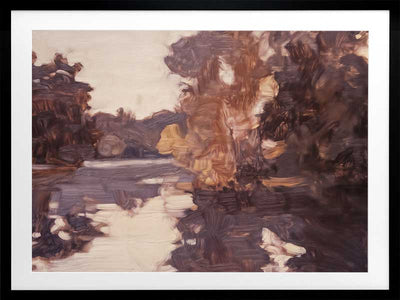 Landscape art of a tranquil lake scene with soft purples, peaches, and reflective waters ideal for contemporary decor.