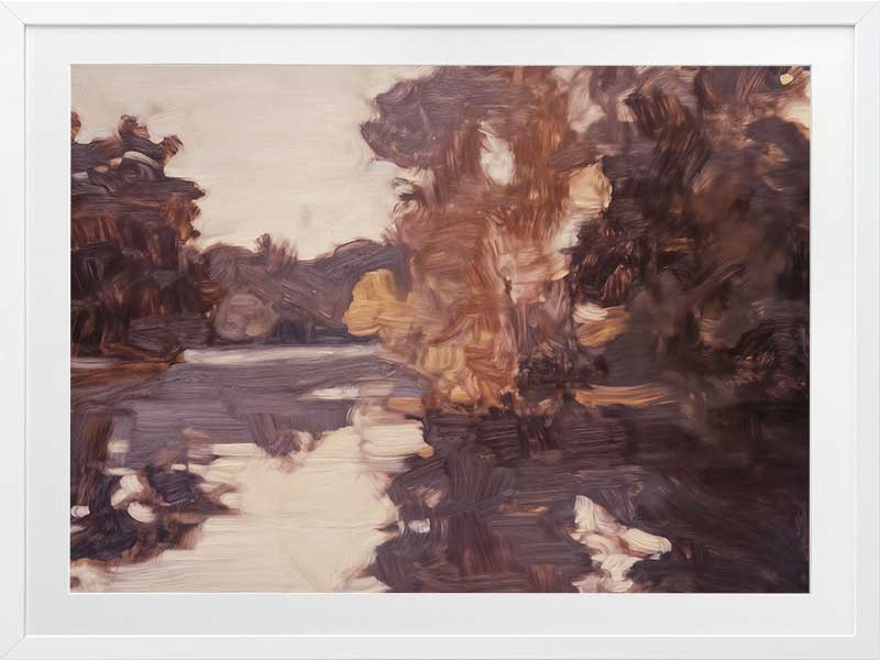 Landscape art of a tranquil lake scene with soft purples, peaches, and reflective waters ideal for contemporary decor.