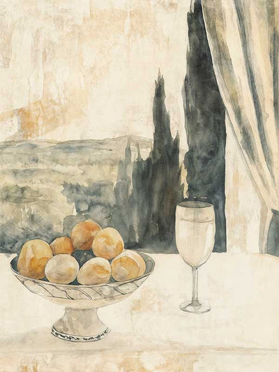 Still life art depicting lemons, glassware, and Tuscan landscape in warm beige and greens for relaxed, elegant interiors.