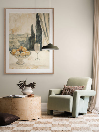 Afternoon Aperitivo still life painting in a moody green dining nook styled with florals, layered ceramics and checkered rug.
