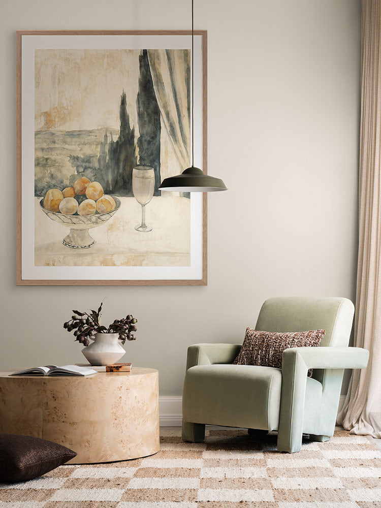 Afternoon Aperitivo still life painting in a moody green dining nook styled with florals, layered ceramics and checkered rug.