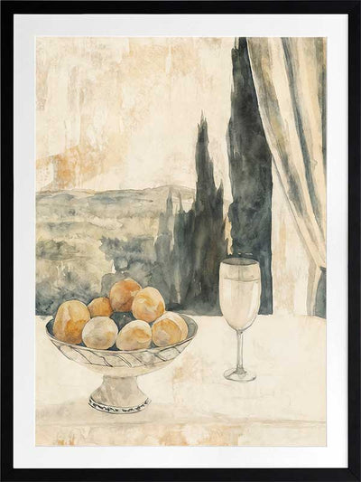 Still life art depicting lemons, glassware, and Tuscan landscape in warm beige and greens for relaxed, elegant interiors.