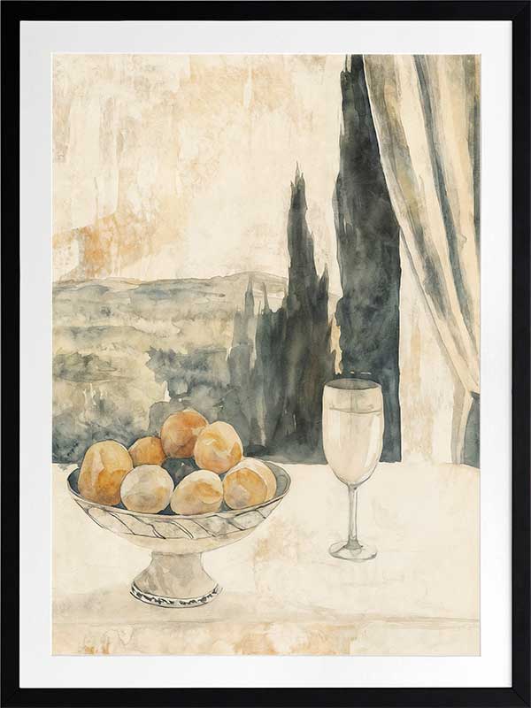 Still life art depicting lemons, glassware, and Tuscan landscape in warm beige and greens for relaxed, elegant interiors.
