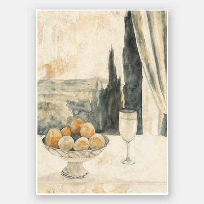 Still life art depicting lemons, glassware, and Tuscan landscape in warm beige and greens for relaxed, elegant interiors.
