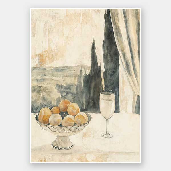 Still life art depicting lemons, glassware, and Tuscan landscape in warm beige and greens for relaxed, elegant interiors.