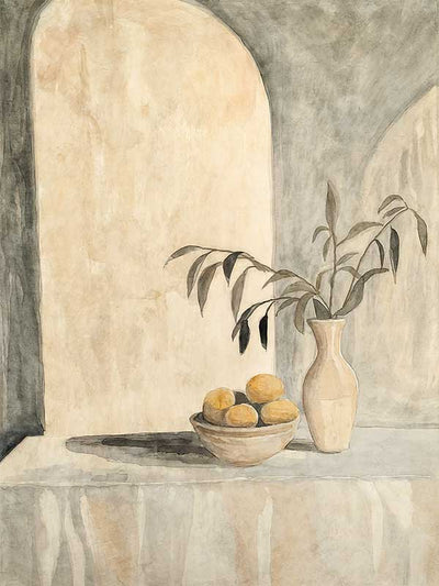 Elegant still life artwork featuring lemons, a vase, and Tuscan-inspired arches in calming beige and muted green tones.