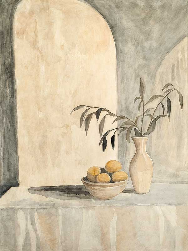 Elegant still life artwork featuring lemons, a vase, and Tuscan-inspired arches in calming beige and muted green tones.