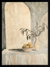 Elegant still life artwork featuring lemons, a vase, and Tuscan-inspired arches in calming beige and muted green tones.
