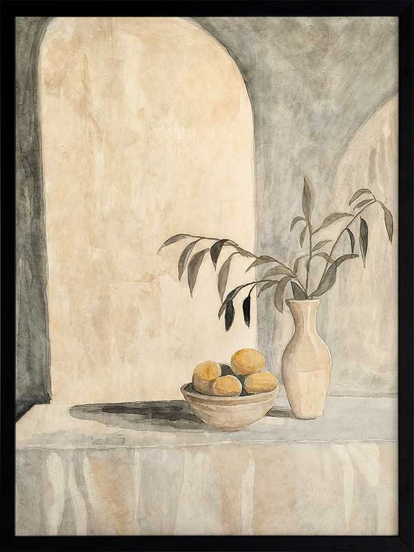 Elegant still life artwork featuring lemons, a vase, and Tuscan-inspired arches in calming beige and muted green tones.