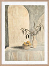 Elegant still life artwork featuring lemons, a vase, and Tuscan-inspired arches in calming beige and muted green tones.