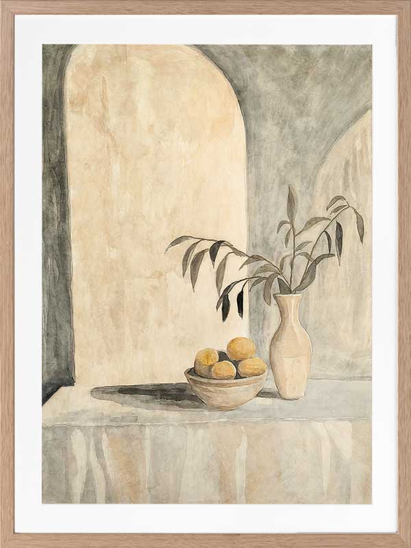Elegant still life artwork featuring lemons, a vase, and Tuscan-inspired arches in calming beige and muted green tones.