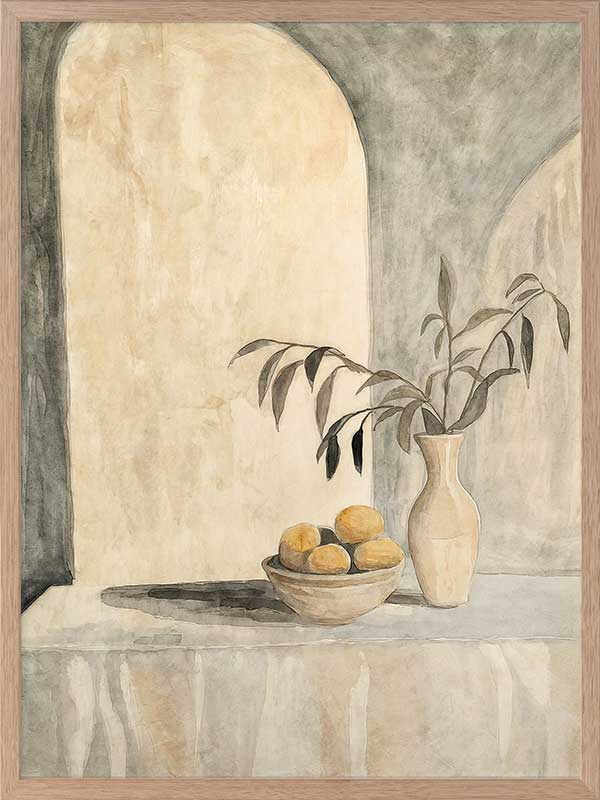 Elegant still life artwork featuring lemons, a vase, and Tuscan-inspired arches in calming beige and muted green tones.