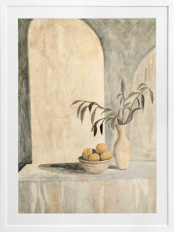 Elegant still life artwork featuring lemons, a vase, and Tuscan-inspired arches in calming beige and muted green tones.