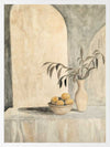 Elegant still life artwork featuring lemons, a vase, and Tuscan-inspired arches in calming beige and muted green tones.