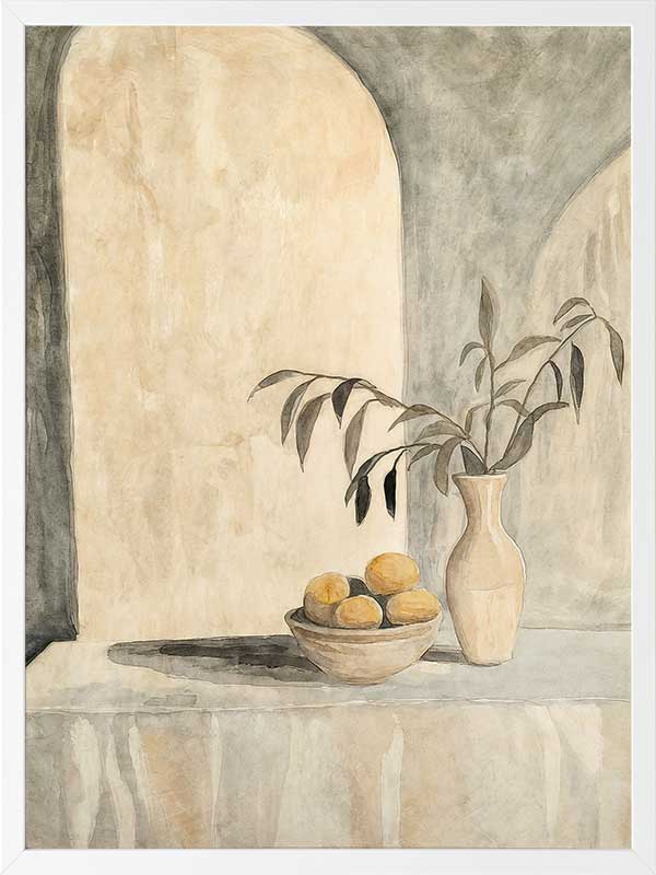Elegant still life artwork featuring lemons, a vase, and Tuscan-inspired arches in calming beige and muted green tones.