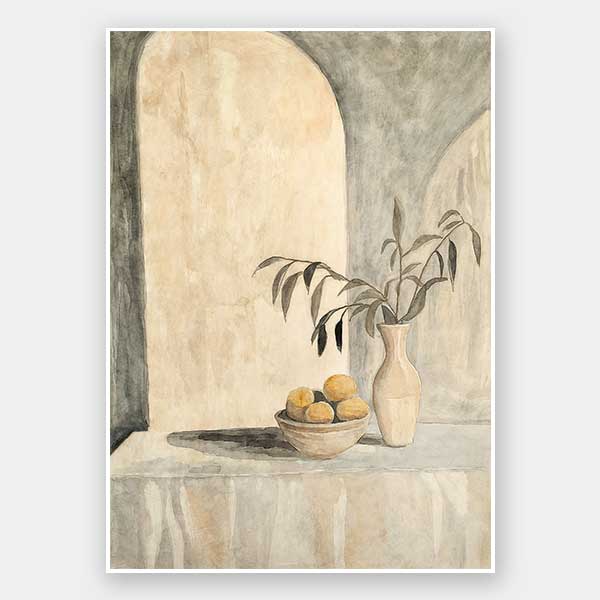 Elegant still life artwork featuring lemons, a vase, and Tuscan-inspired arches in calming beige and muted green tones.