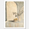Elegant still life artwork featuring lemons, a vase, and Tuscan-inspired arches in calming beige and muted green tones.