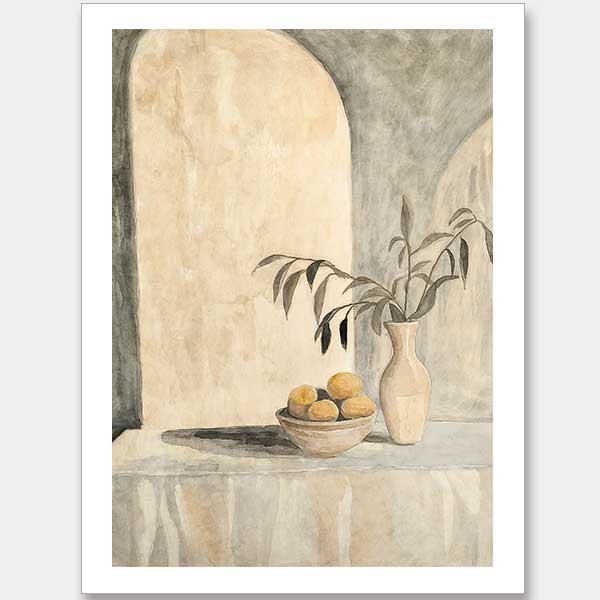 Elegant still life artwork featuring lemons, a vase, and Tuscan-inspired arches in calming beige and muted green tones.