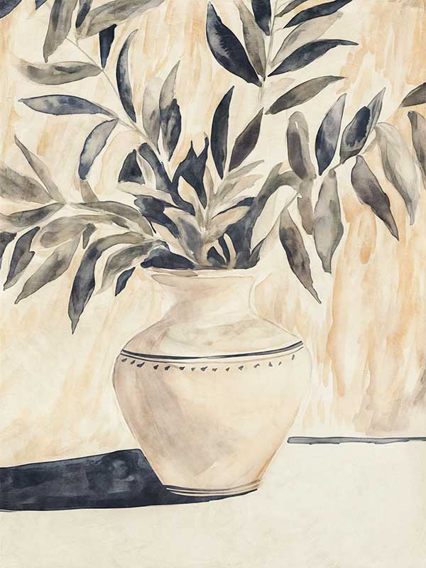 Still life art featuring olive branches in a decorative vase, painted in calming beige and muted greens for elegant interiors.