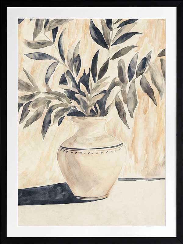 Still life art featuring olive branches in a decorative vase, painted in calming beige and muted greens for elegant interiors.
